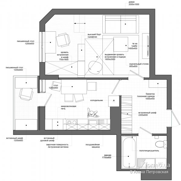 Функциональный интерьер однокомнатной, Алена Петровская , Чертежи, Дизайн интерьеров Formo.ua