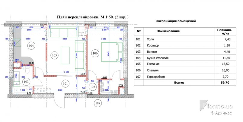 Светлый интерьер двухкомнатной квартиры, Архимас, Чертежи, Дизайн интерьеров Formo.ua