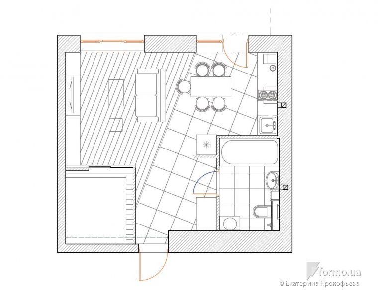 Однокомнатная: расширяем границы, Екатерина Прокофьева, Чертежи, Дизайн интерьеров Formo.ua