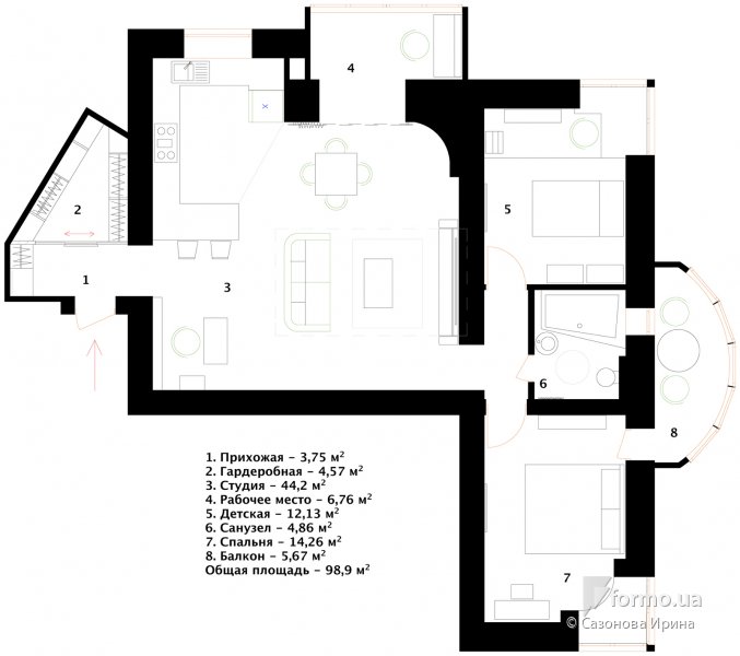 Квартира-студия с характером, Сазонова Ирина , Чертежи, Дизайн интерьеров Formo.ua
